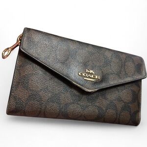 Coach Signature C Pattern Canvas Travel Envelope Clutch Brown Black Gold